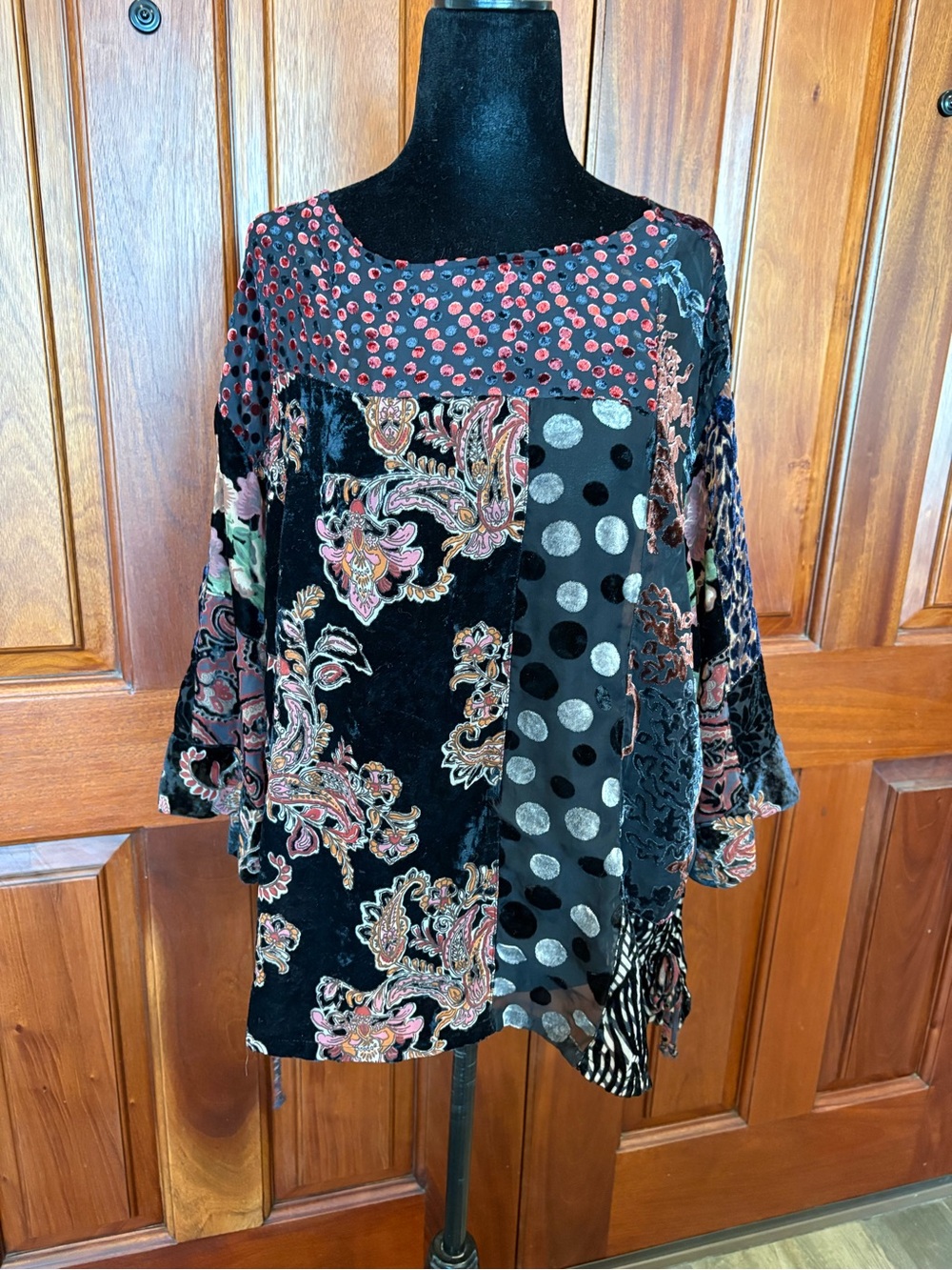 John Mark Womens Floral Velvet Burnout 3/4 Flare Sleeve Top Medium Mixed Media